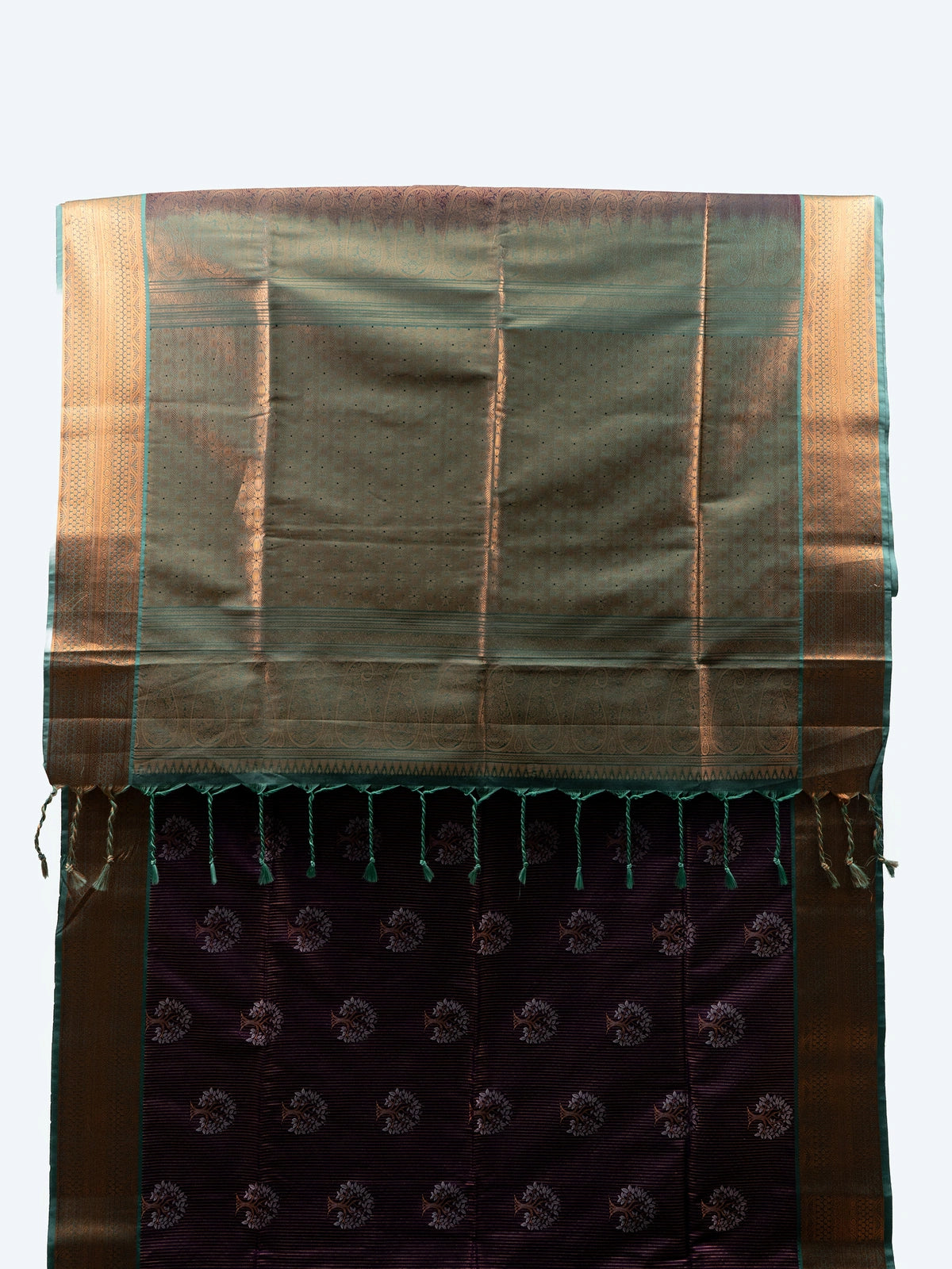 Purple and teal Vaira Oosi Design semi silk saree with fine needle-line weave, gold zari tree motifs and contrast brocade pallu