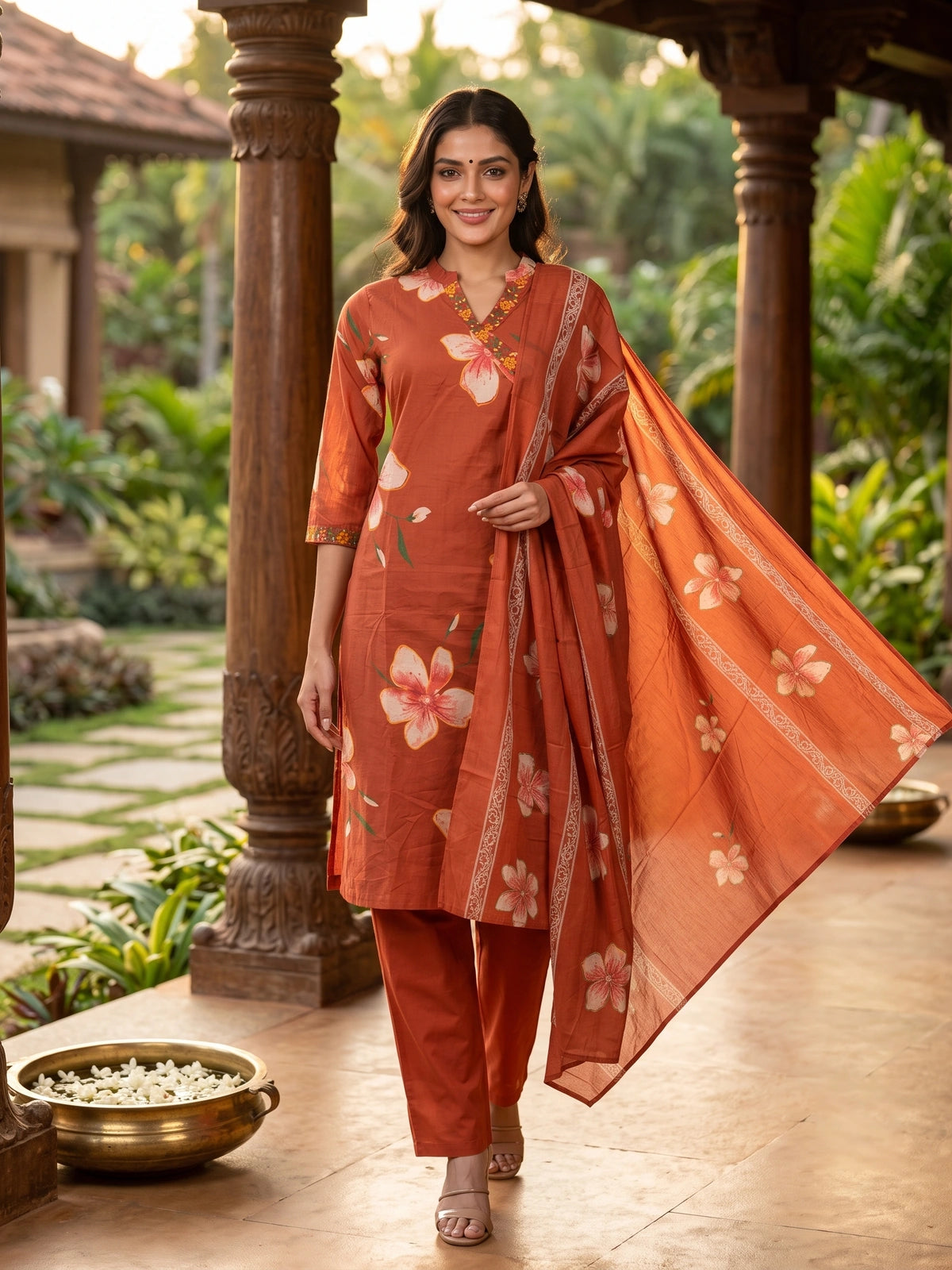 Rust floral cotton kurti set with embroidered neckline, straight pants and printed dupatta