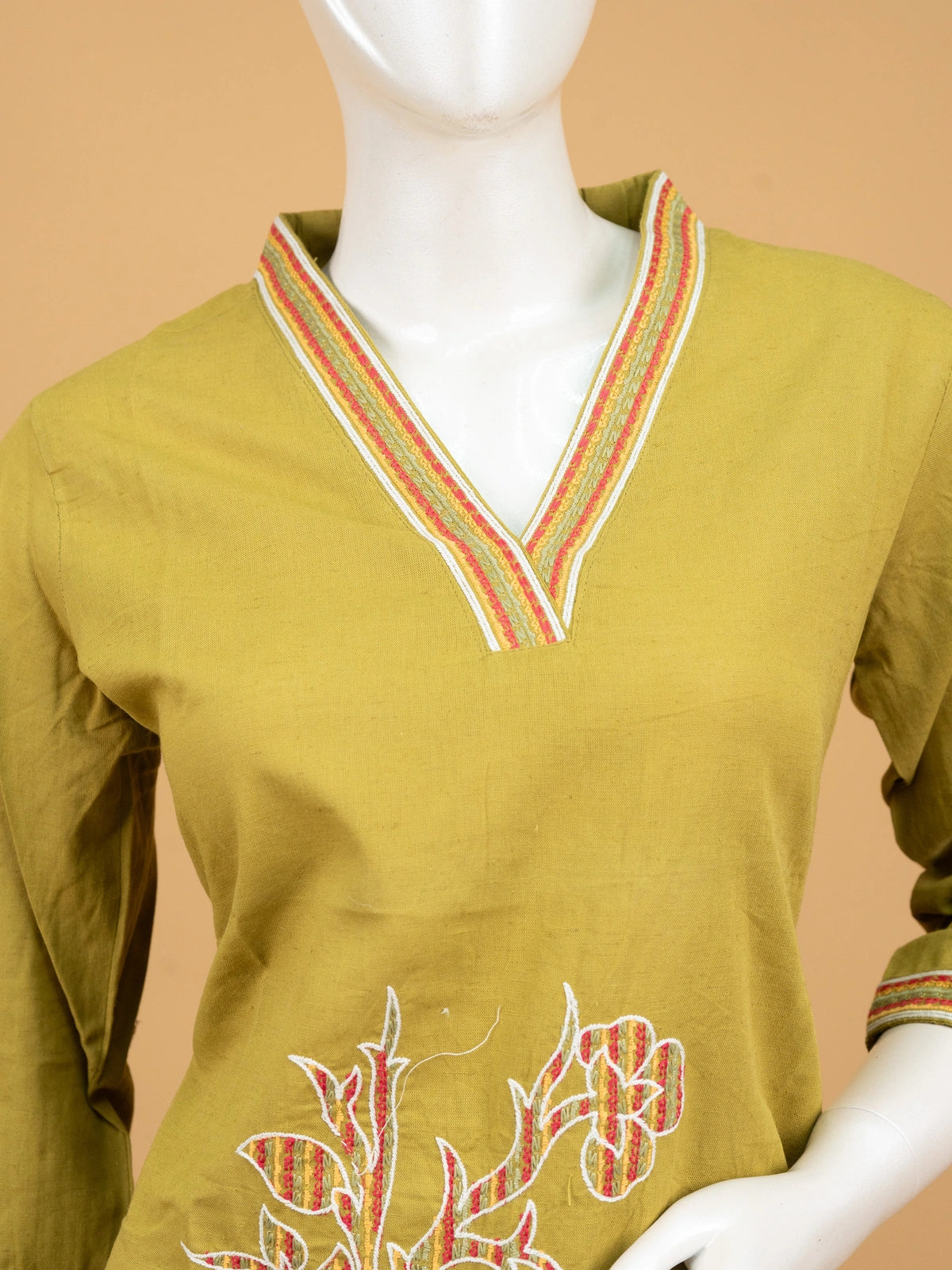 Mehndi green cotton straight cut kurti set with multicolour floral embroidery and cream dupatta
