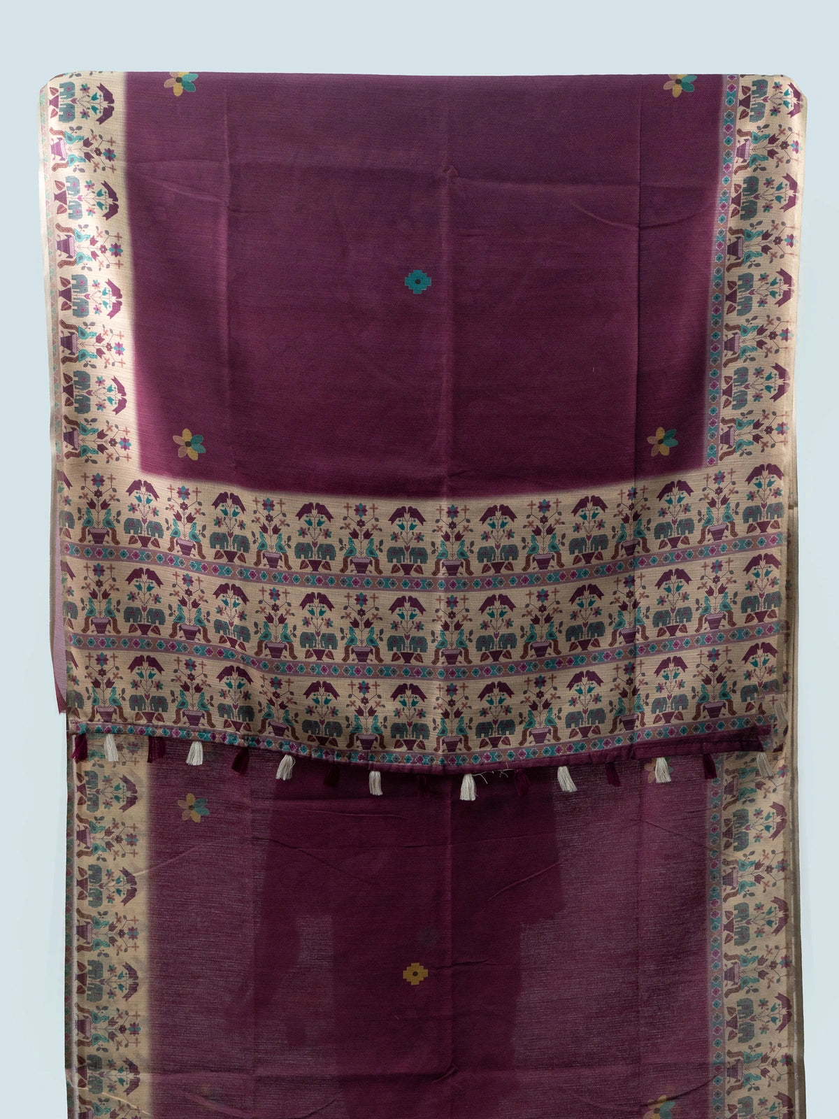 Wine purple linen cotton saree with beige folk-art elephant border and black embroidered blouse