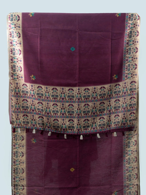 Wine purple linen cotton saree with beige folk-art elephant border and black embroidered blouse