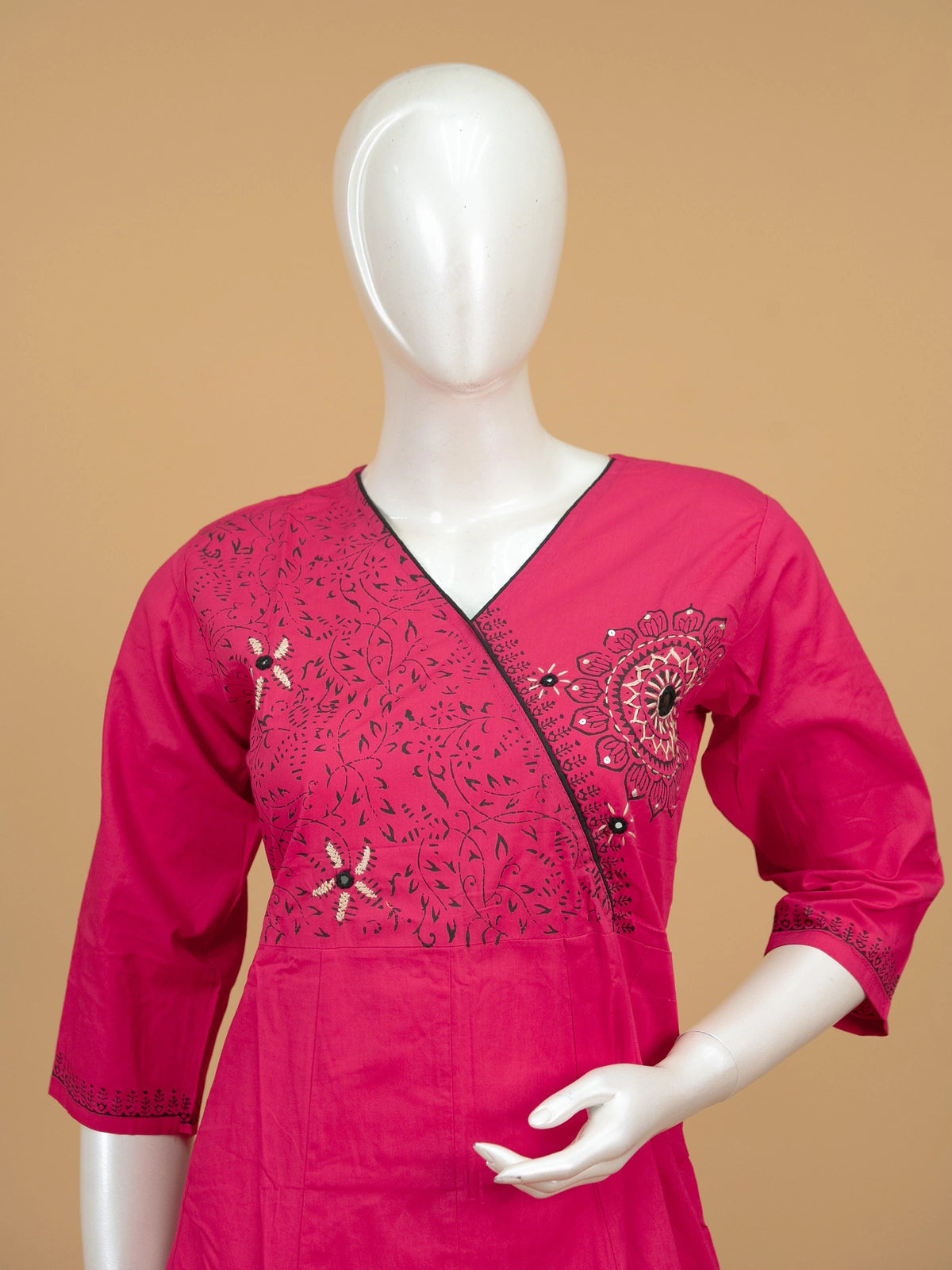Rani Pink Cotton Angrakha Anarkali Kurti Set with black mandala-print dupatta