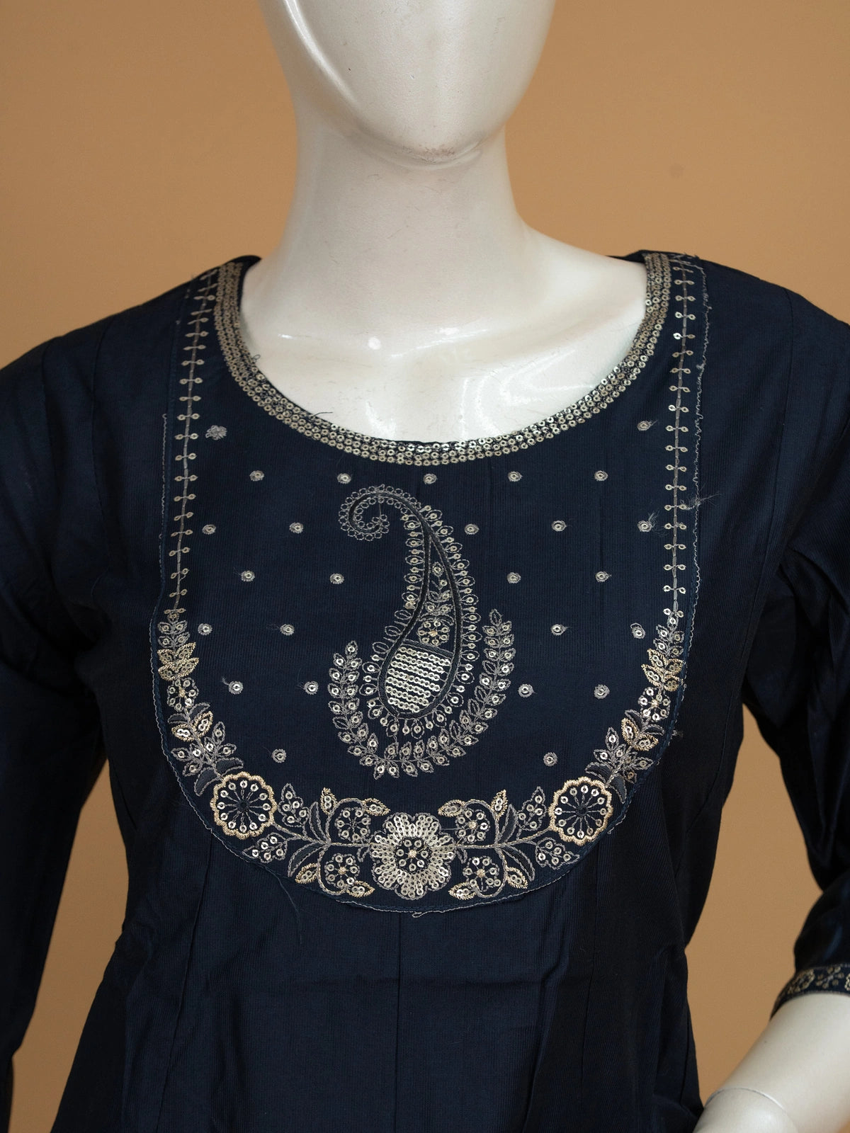 Navy Blue Zari embroidered cotton A-Line kurti set with grey printed dupatta and straight pants