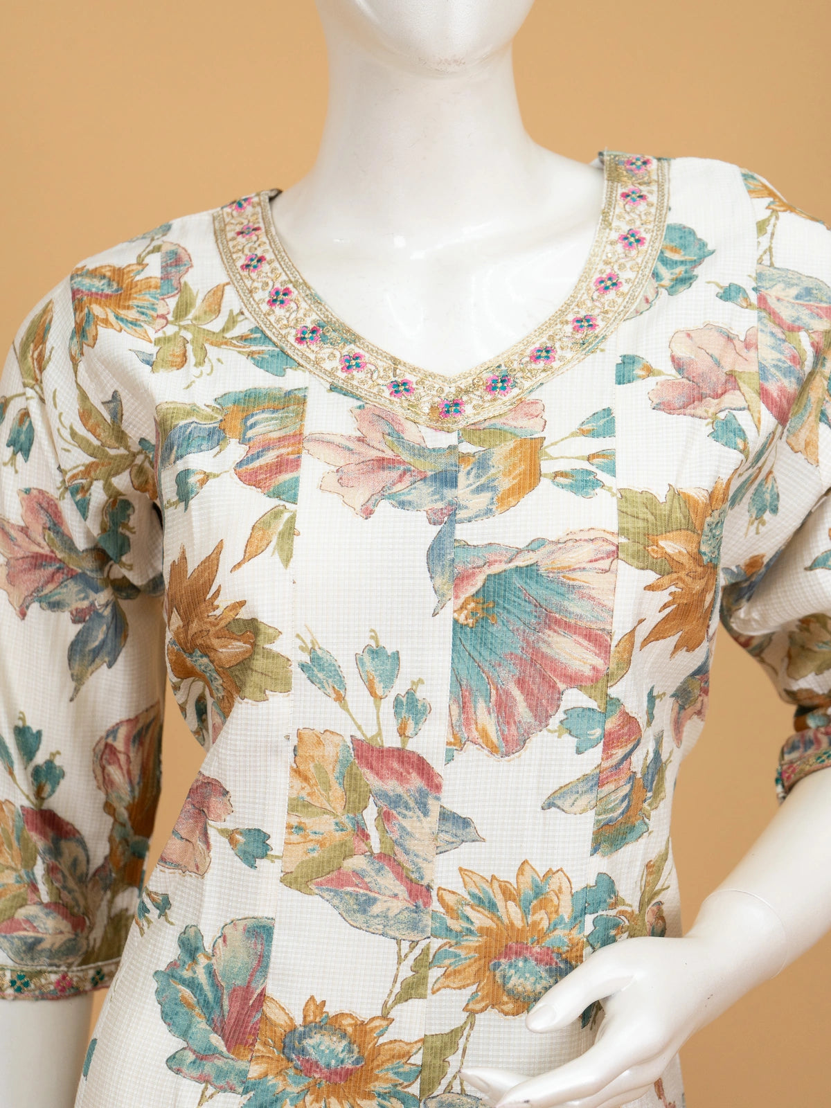 Off-White floral print A-line kurti set with embroidered neckline and teal dupatta