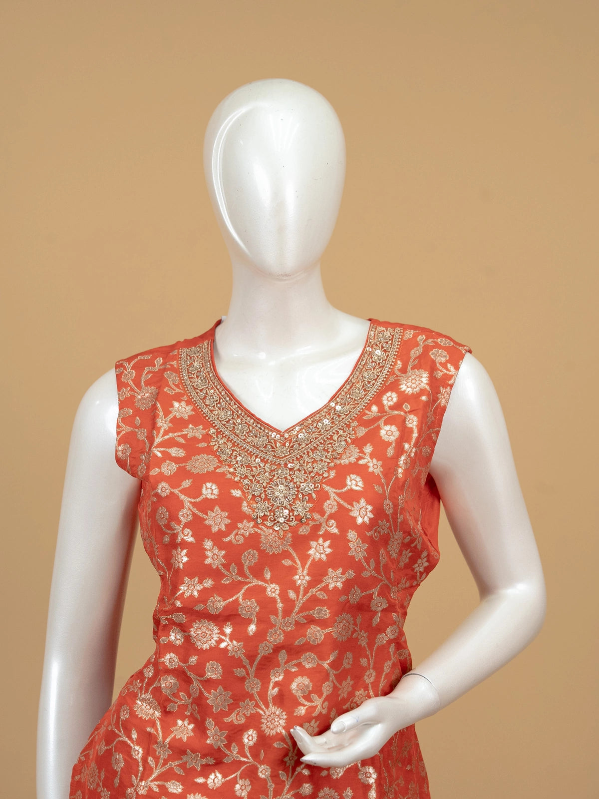 Orange floral zari silk embroidered straight cut kurti top with embellished neckline