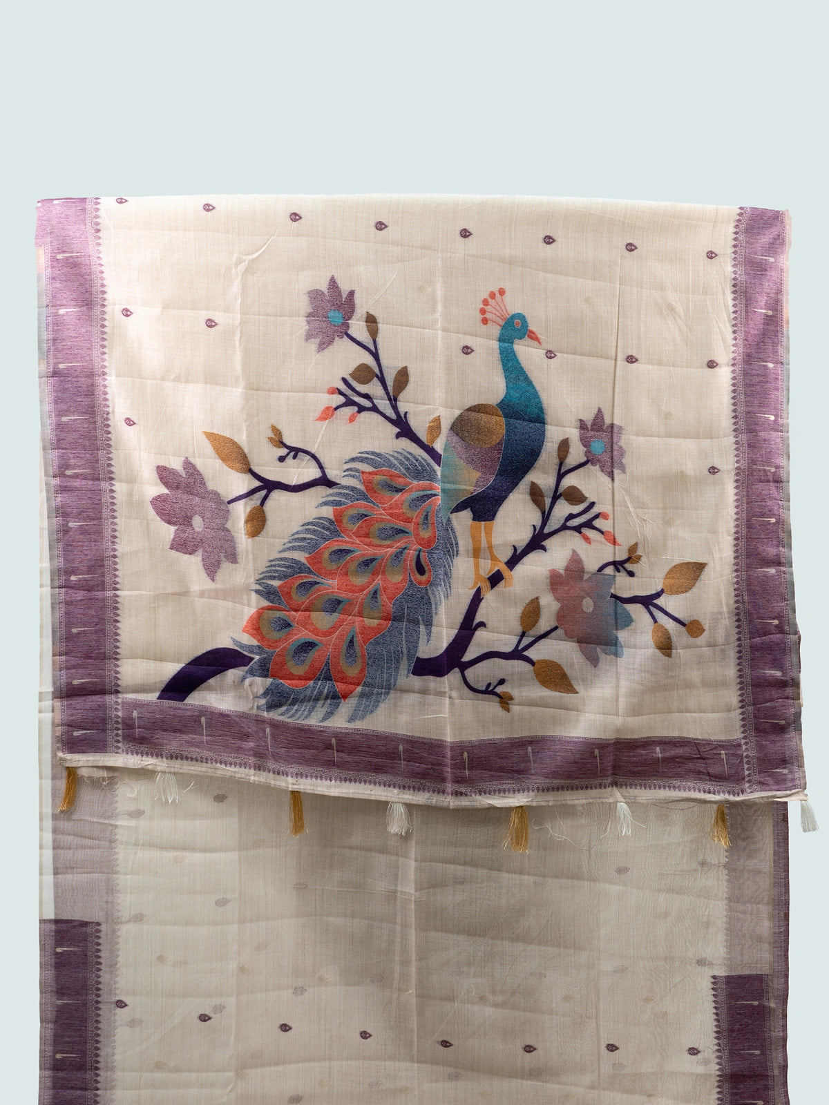 Cream linen cotton saree with lavender contrast border and multicoloured peacock pallu