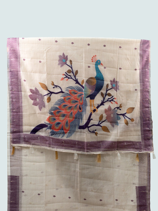 Cream linen cotton saree with lavender contrast border and multicoloured peacock pallu