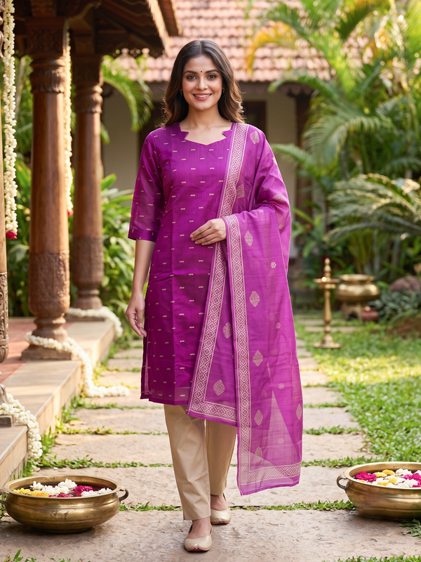 Magenta woven buti art silk ready made kurti set with matching dupatta and beige straight pants