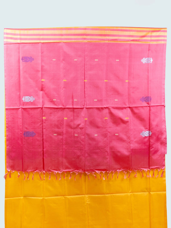 Mustard yellow banana silk saree with contrast pink striped pallu and woven buttas