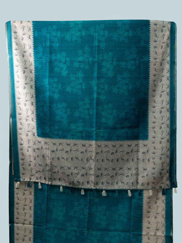 Teal linen cotton saree with cream crane-motif contrast border and temple-style edging
