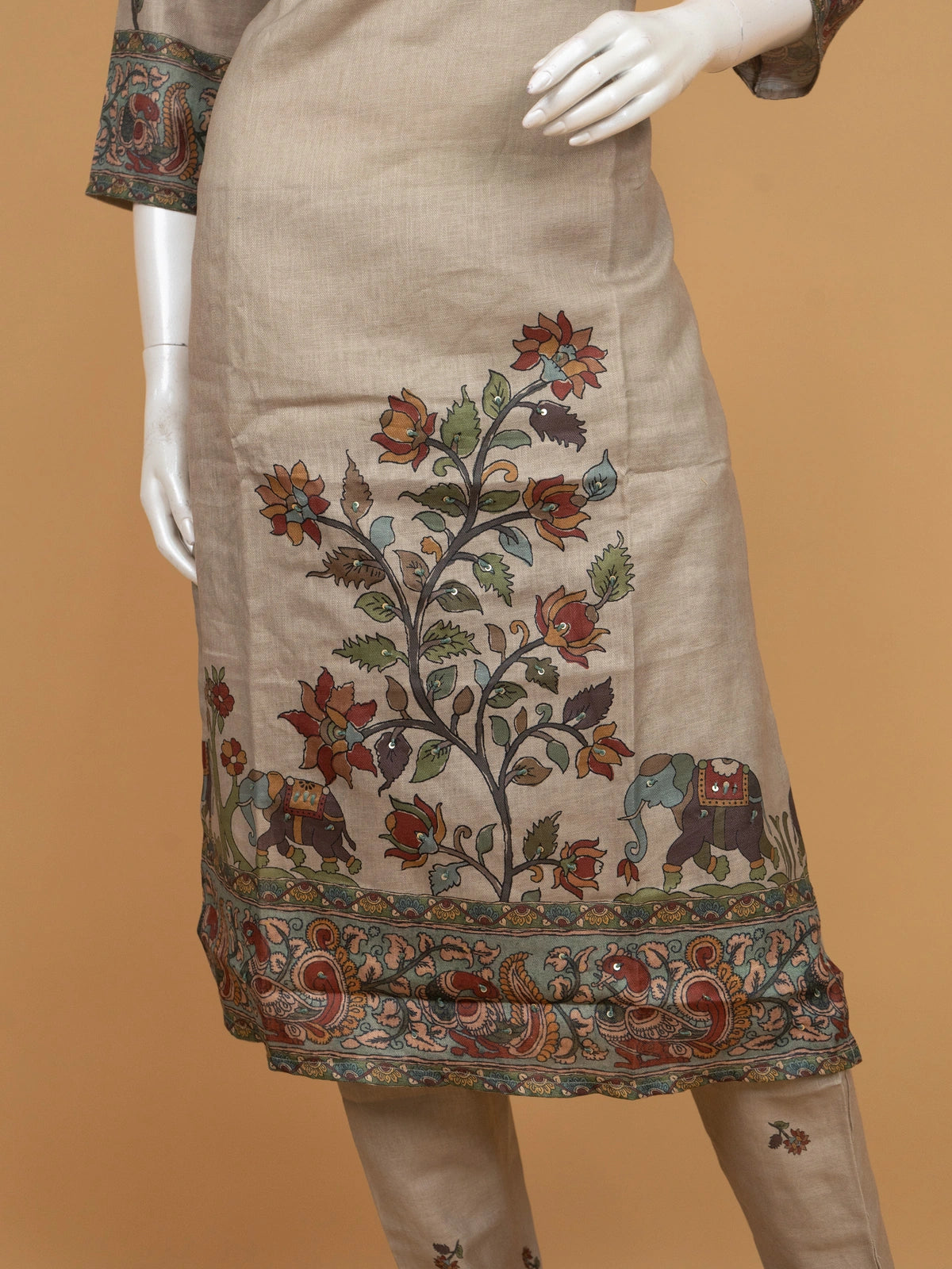 Beige Kalamkari printed cotton straight cut kurti set with multicolour peacock print dupatta