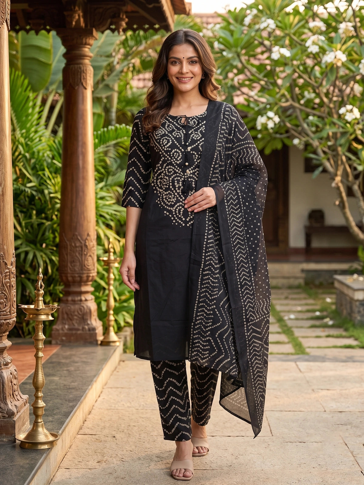 Black Bandhani Print Cotton Straight Cut Kurti Set with Dupatta