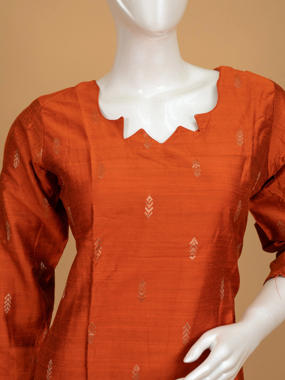 Rust orange zari butta silk blend straight cut kurti set with deep green pants and dupatta