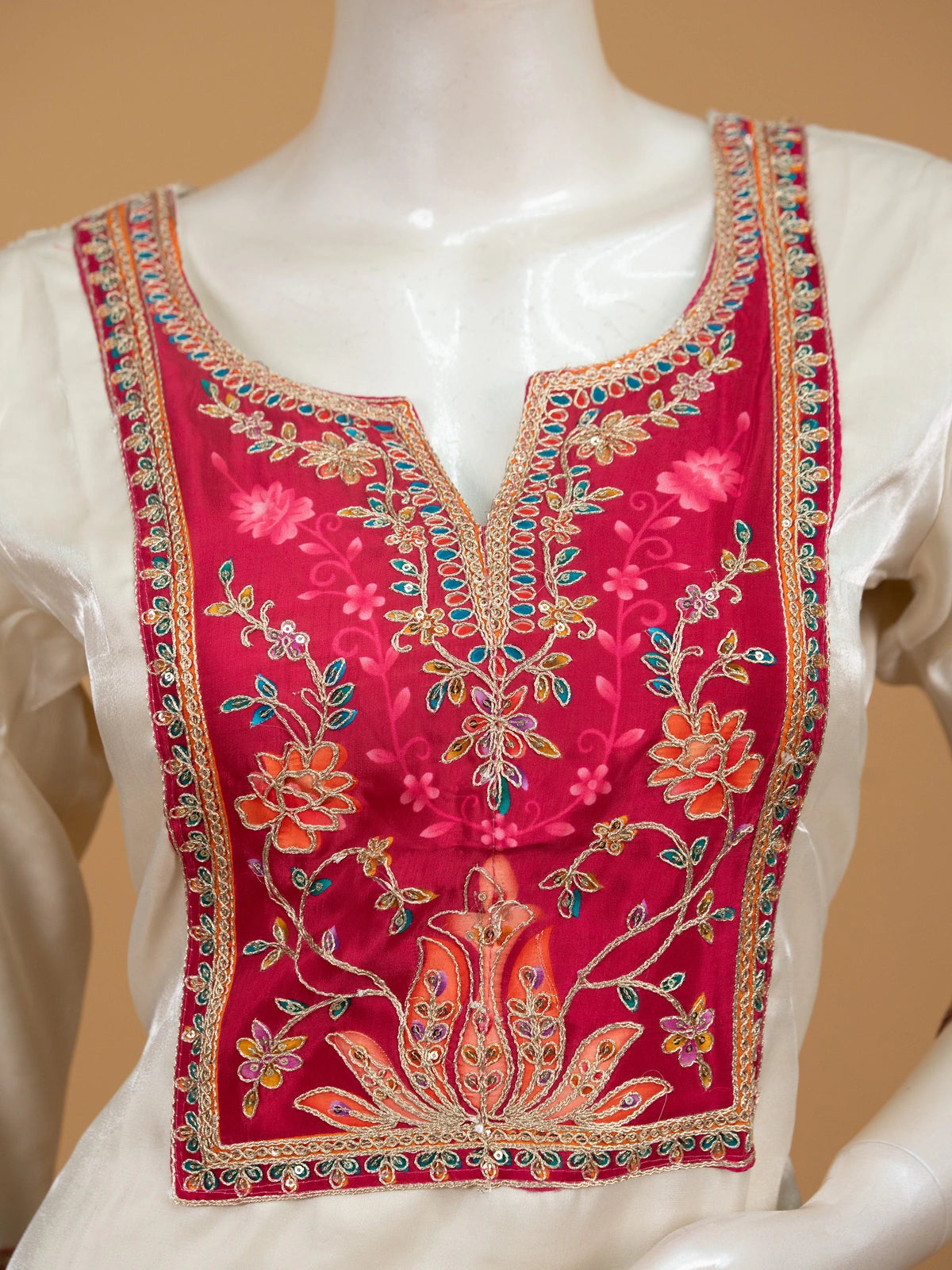 Cream art silk straight cut kurti set with pink embroidered yoke and maroon floral printed dupatta
