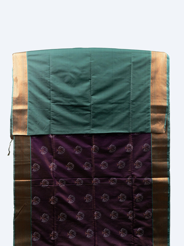 Purple and teal Vaira Oosi Design semi silk saree with fine needle-line weave, gold zari tree motifs and contrast brocade pallu