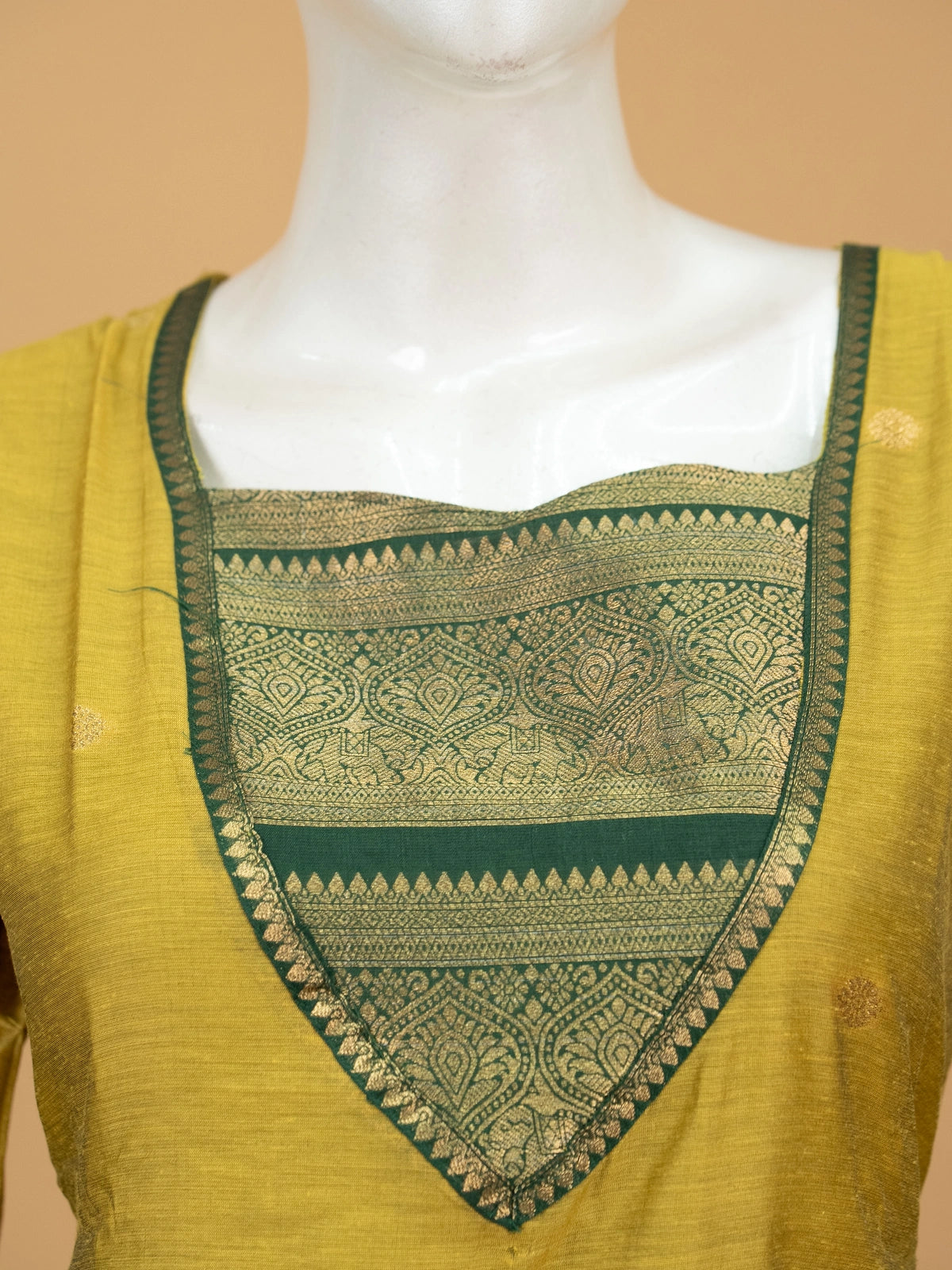 Mustard and green zari woven cotton silk Anarkali kurti set with contrast V-yoke and green dupatta