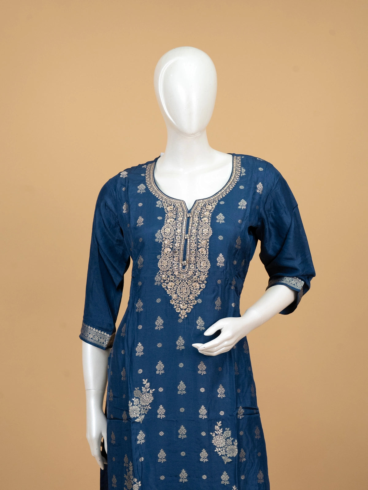 Peacock Blue Zari woven straight cut kurti set with embroidered neckline and floral printed dupatta