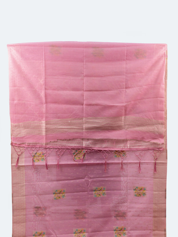 Pink linen cotton saree with silver zari border, buti weave and floral butta motifs