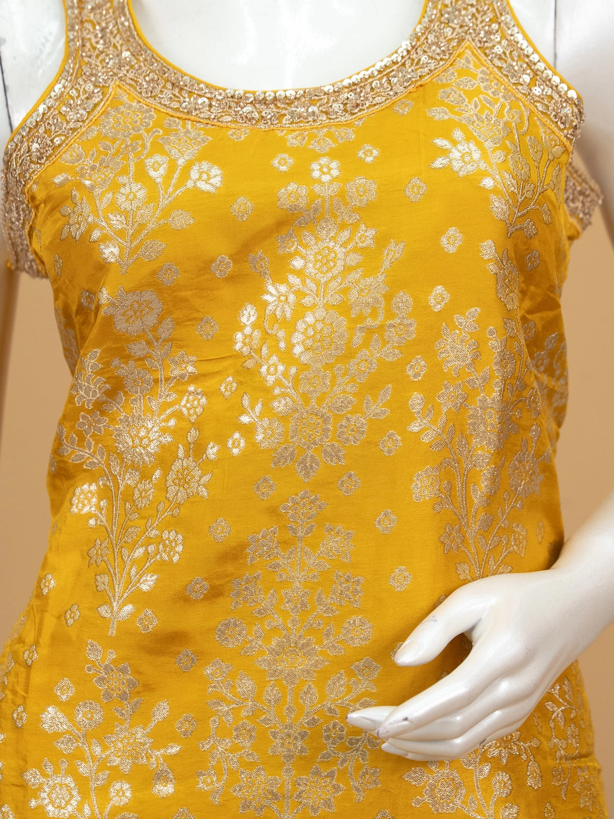 Mustard Yellow zari floral woven silk straight cut kurti set with orange dupatta