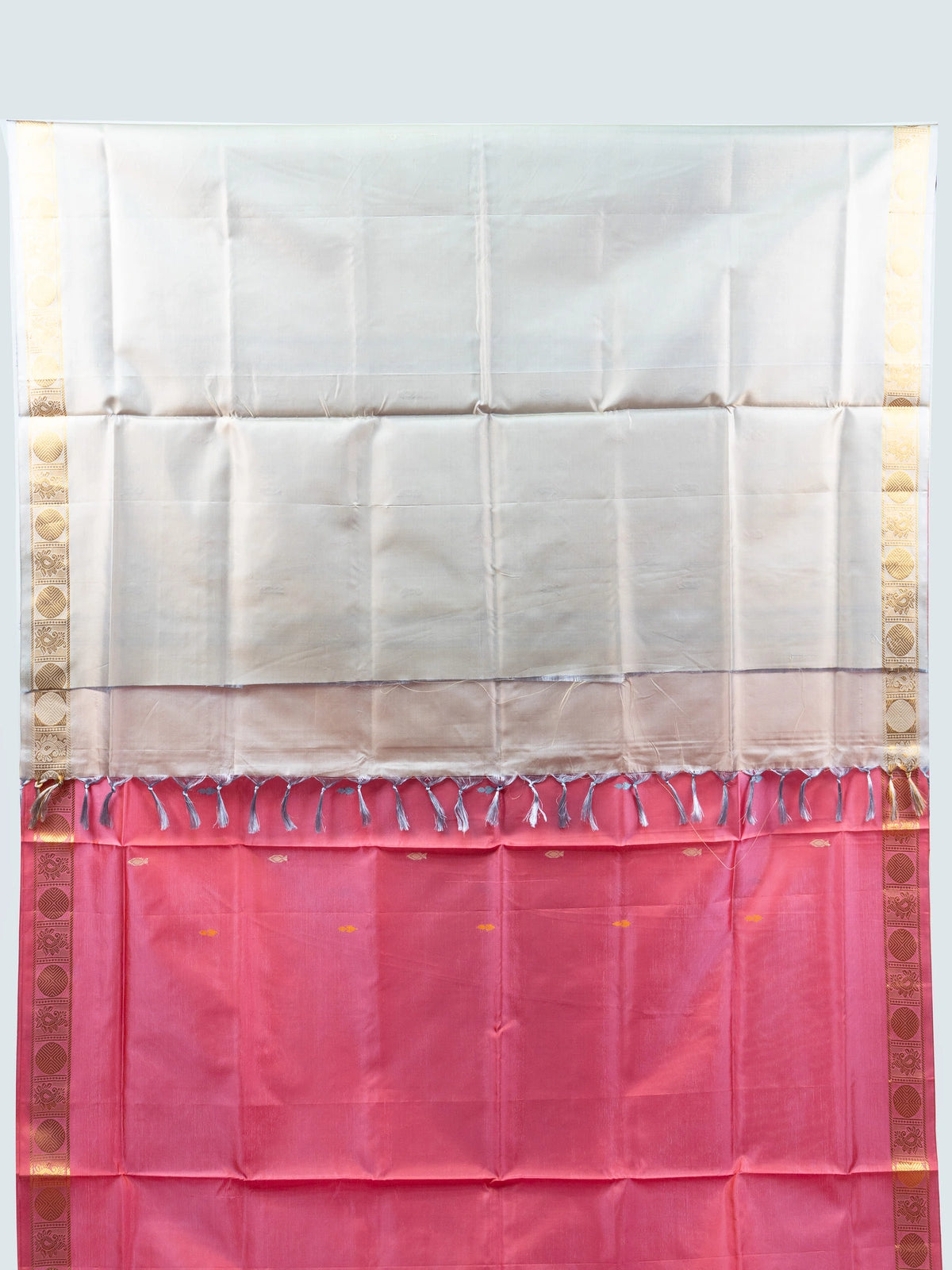 Rose pink Banana silk saree with cream lavender-striped pallu and gold zari border