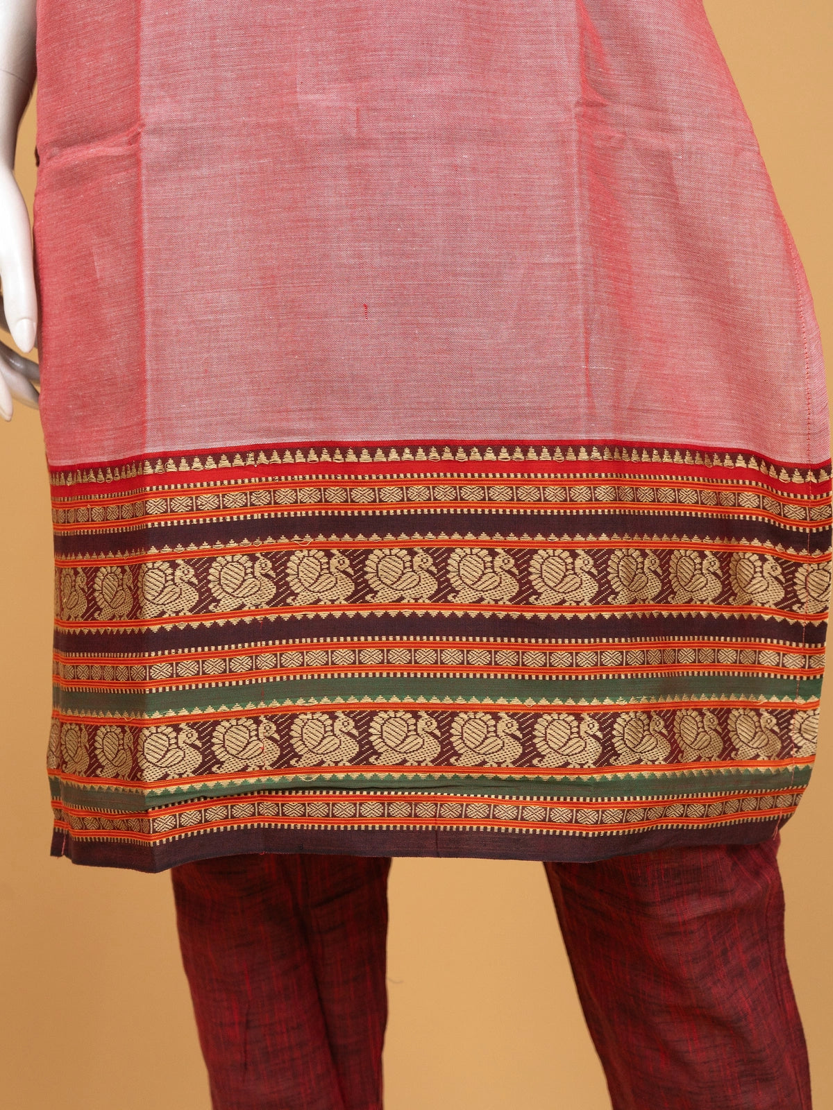 Rose pink handloom cotton straight cut kurti set with peacock woven border and matching dupatta