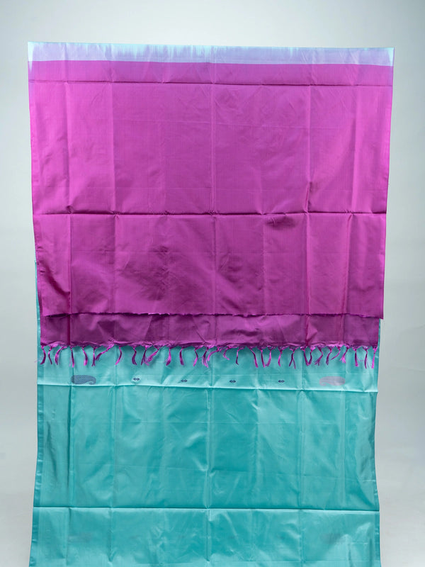 Turquoise blue Banana silk saree with contrast magenta pallu, striped border and paisley buttas