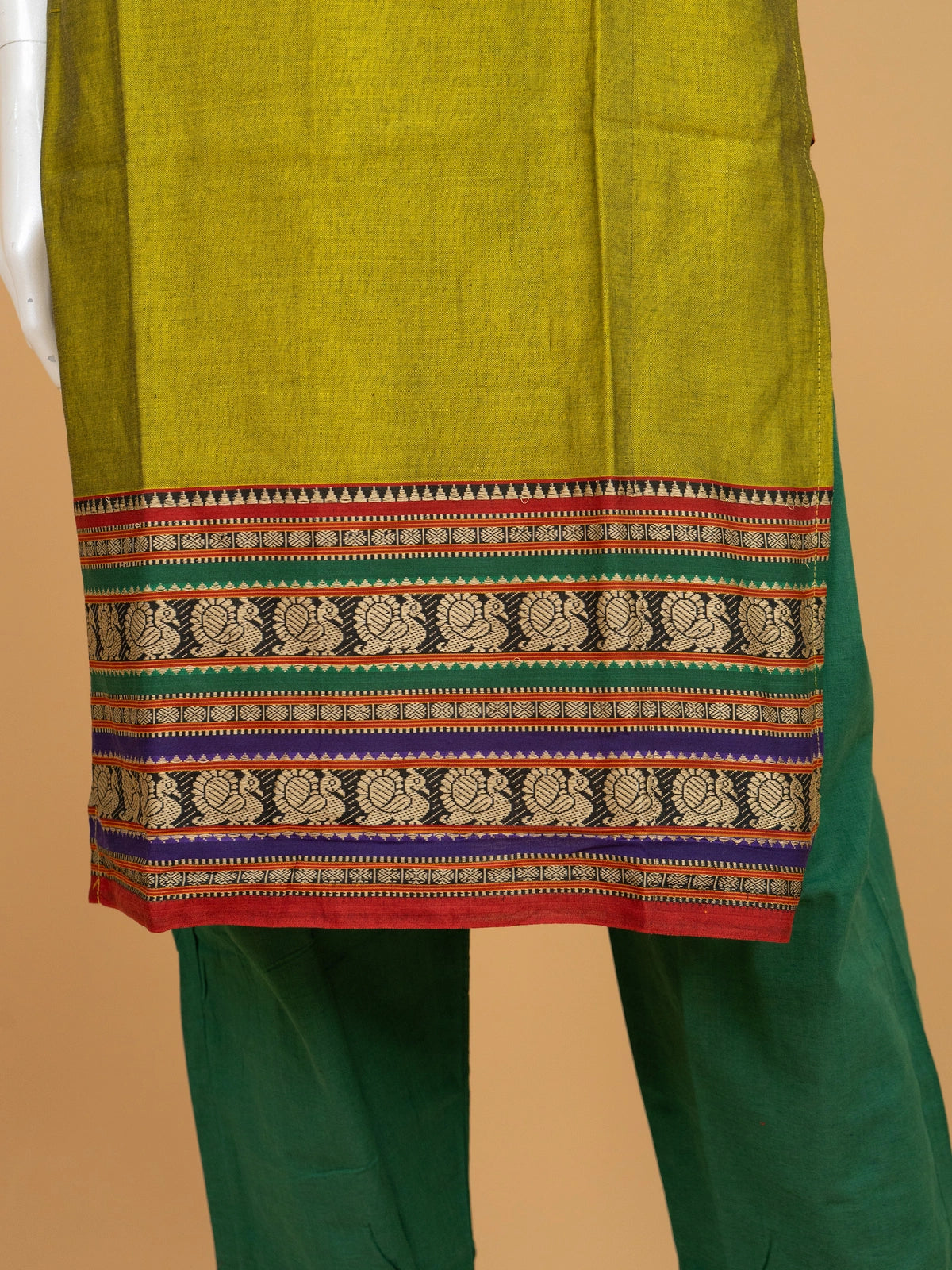 Mehndi green cotton straight cut kurti set with woven peacock border and matching dupatta