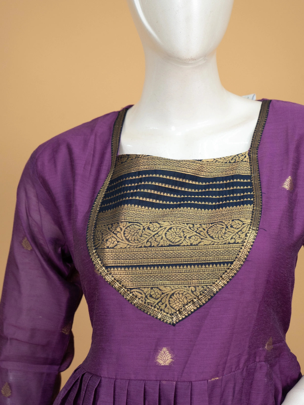 Purple Anarkali kurti set with navy blue zari woven yoke, dupatta and straight pants