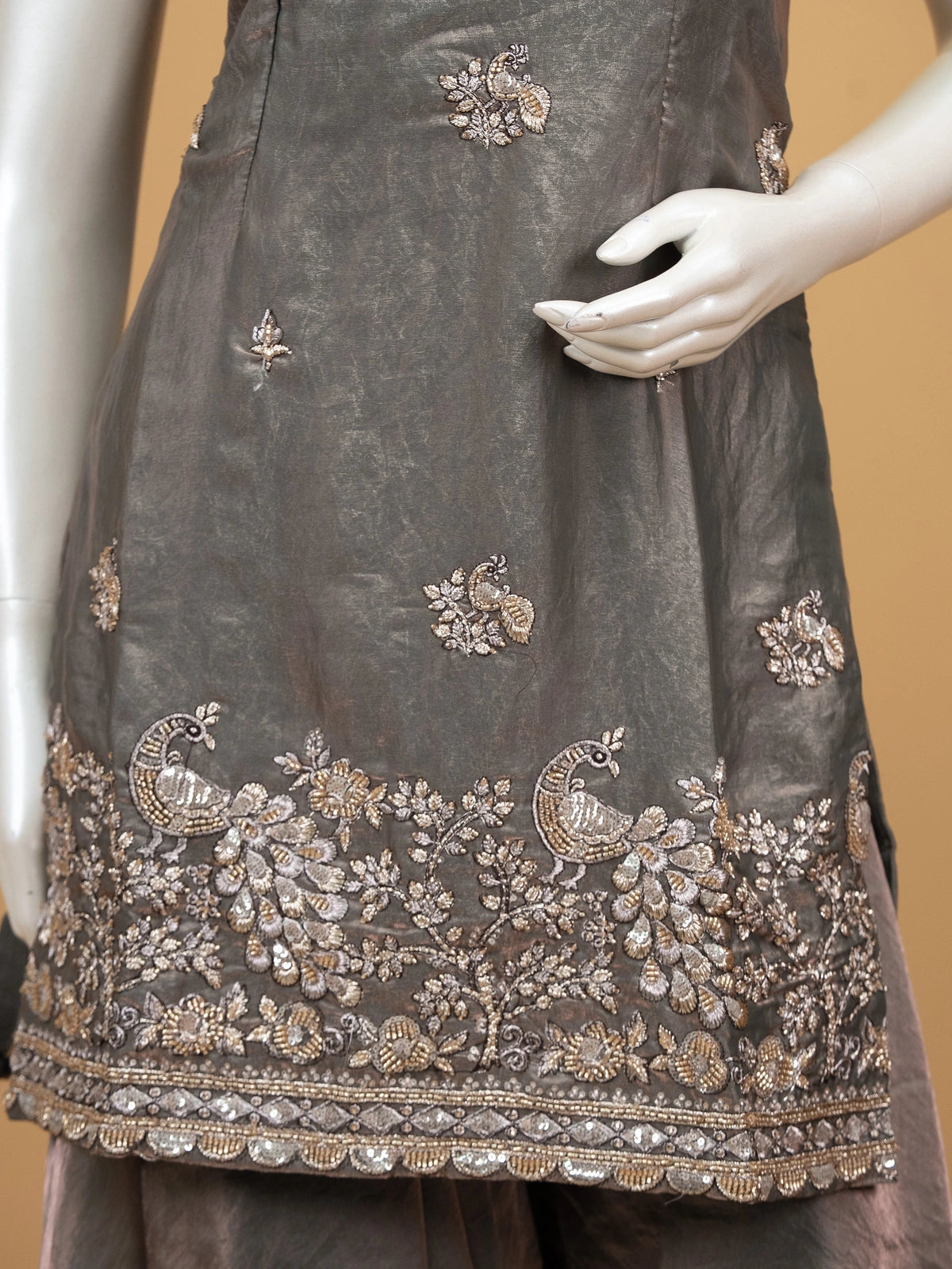 Grey tissue silk peacock embroidered straight cut kurti set with palazzo pants and shimmer dupatta