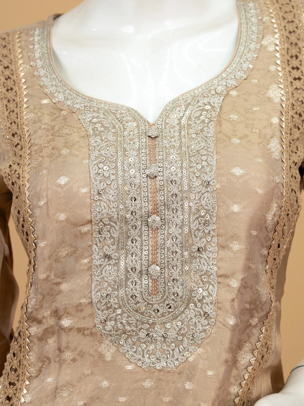 Beige Chanderi silk zari embroidered straight cut kurti set with matching dupatta