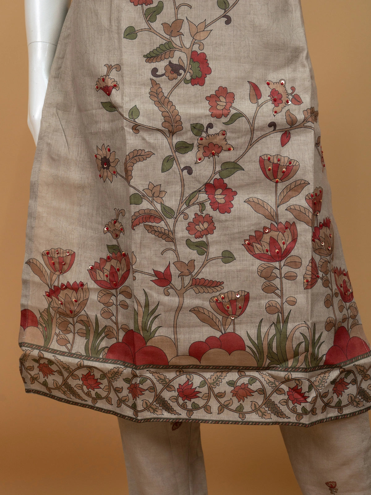 Beige Kalamkari floral cotton straight cut kurti set with black printed dupatta and pants
