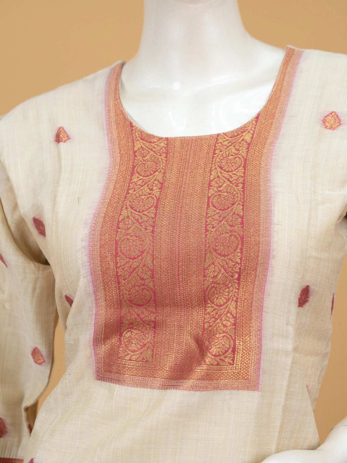 Cream cotton silk zari woven straight cut kurti set with maroon pants and pink zari dupatta