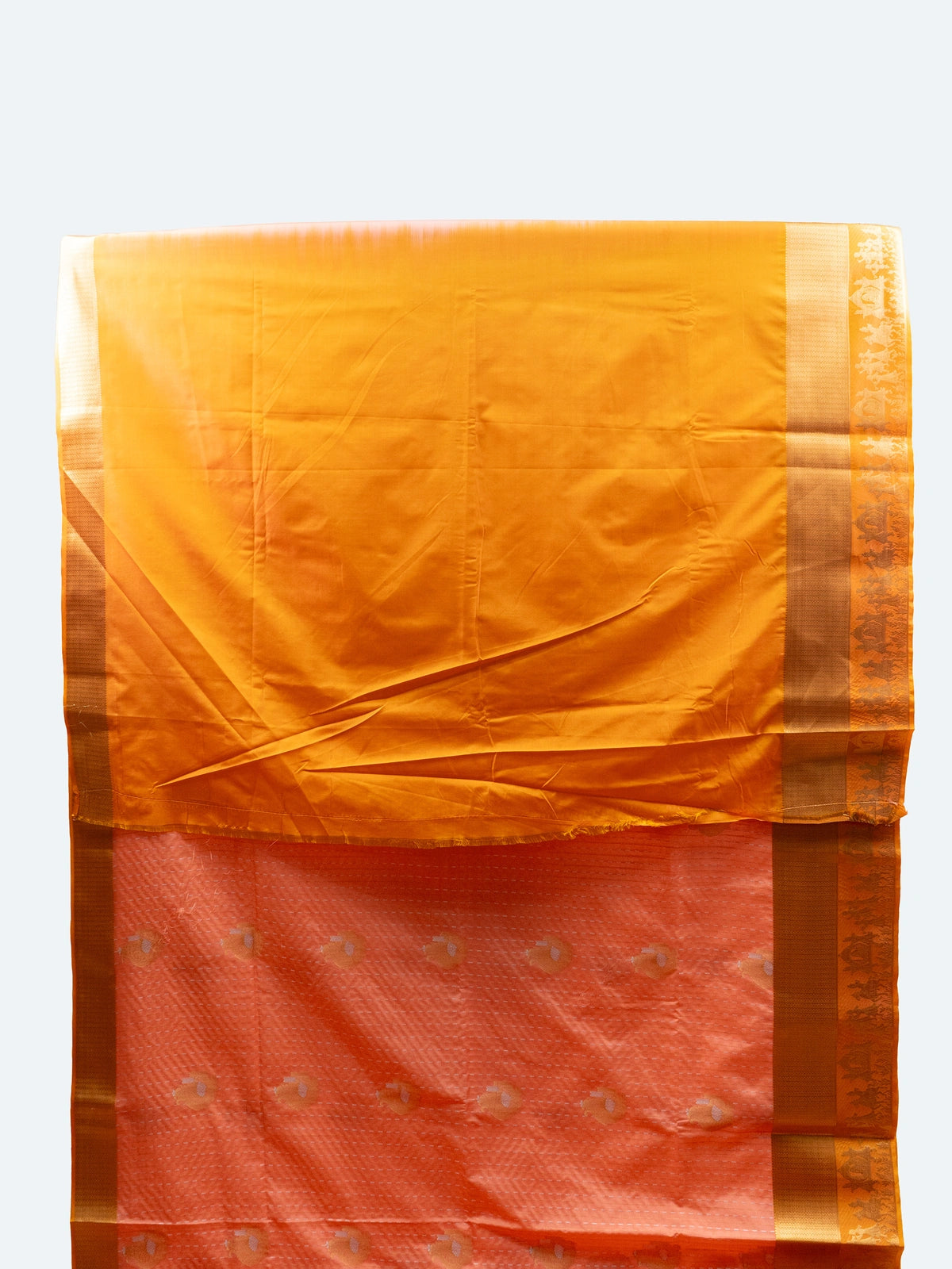 Peach semi silk Vaira Oosi Design saree with mustard-gold contrast zari border and buttas