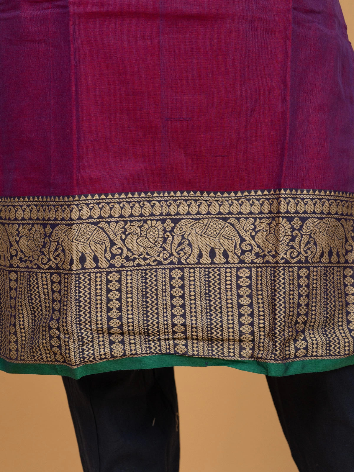 Magenta cotton silk straight cut kurti set with zari elephant motif border and matching dupatta