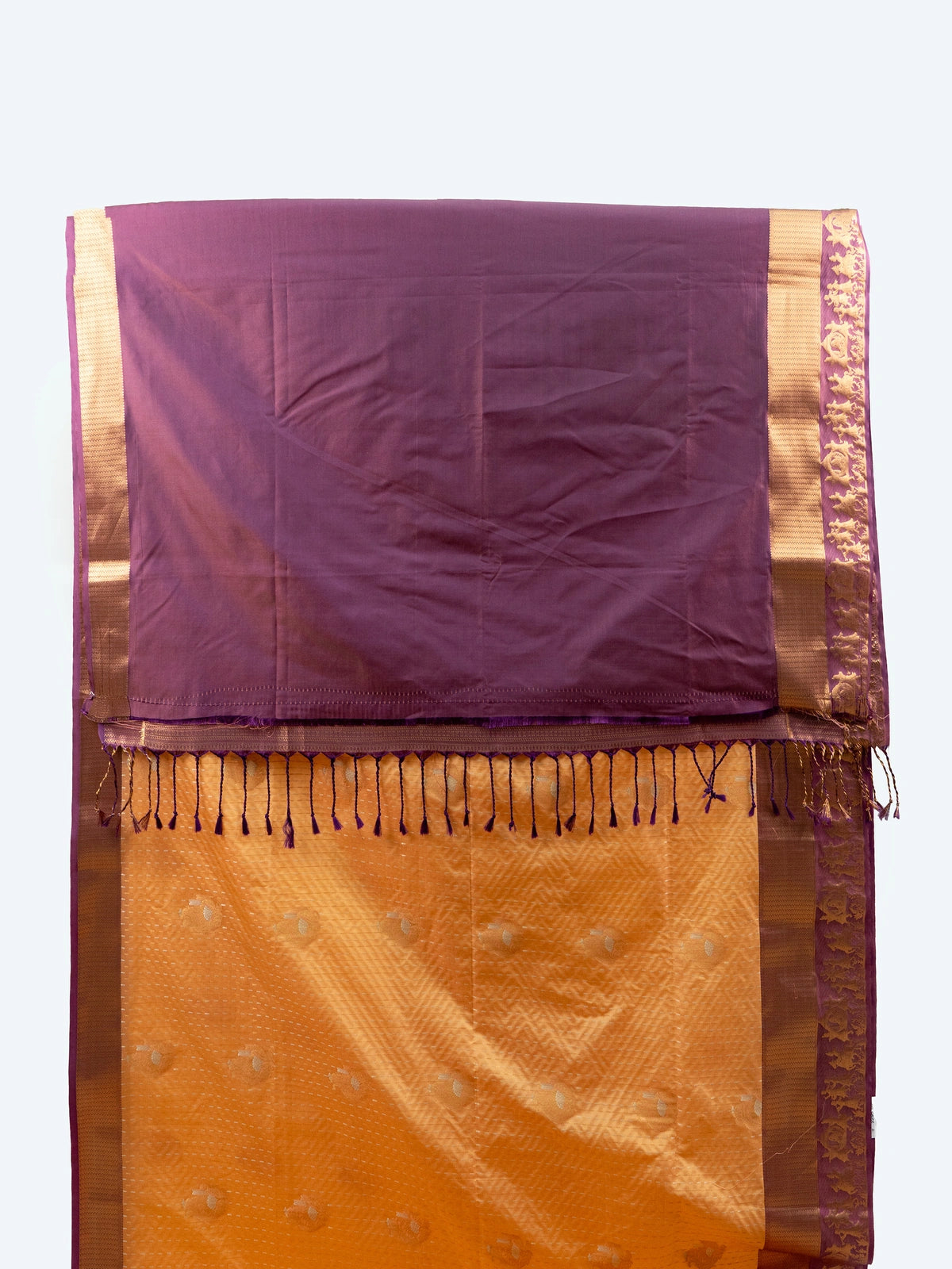 Marigold soft silk saree with contrast wine purple and gold zari temple border and ornate pallu