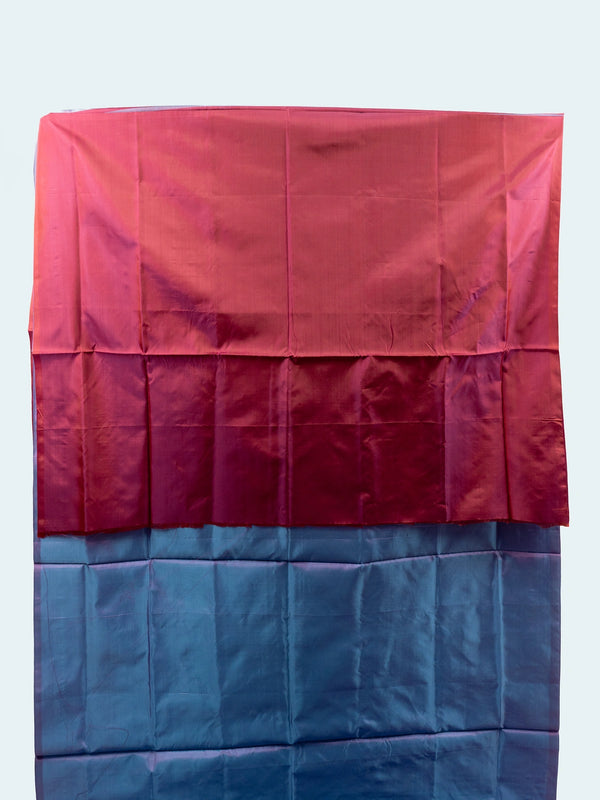 Blue and rani pink banana silk saree with gold zari paisley motifs and contrast pallu