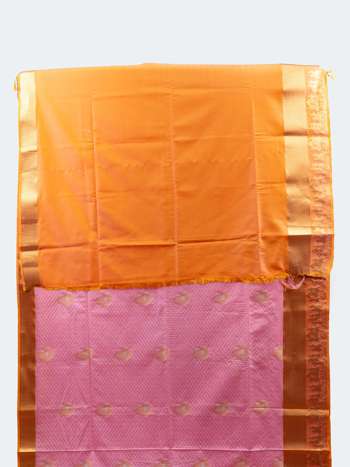 Pink Vaira Oosi Design semi silk saree with mustard orange contrast zari border and gold zari buttas