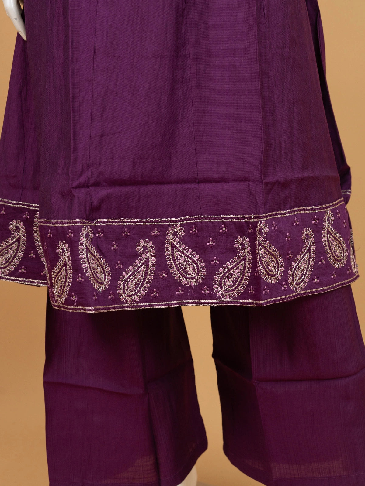 Purple embroidered cotton A-Line kurti set with pants and printed dupatta