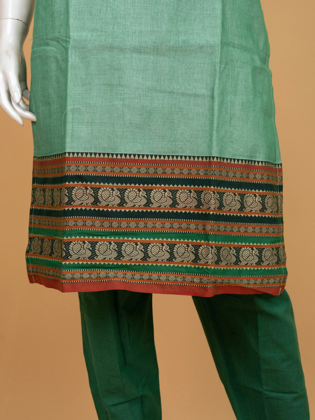 Sea Green handloom cotton straight cut kurti set with maroon peacock woven border and matching dupatta
