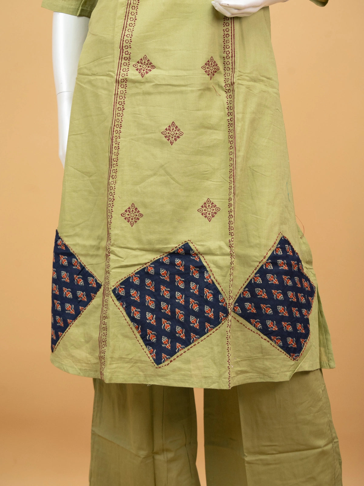 Mehendi green cotton straight cut kurti set with navy Ajrakh patchwork, kantha embroidery and printed dupatta