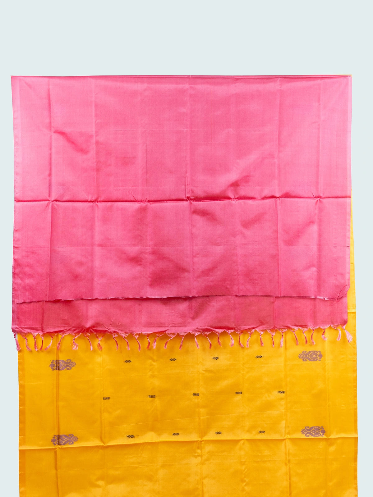 Mustard yellow banana silk saree with contrast pink striped pallu and woven buttas