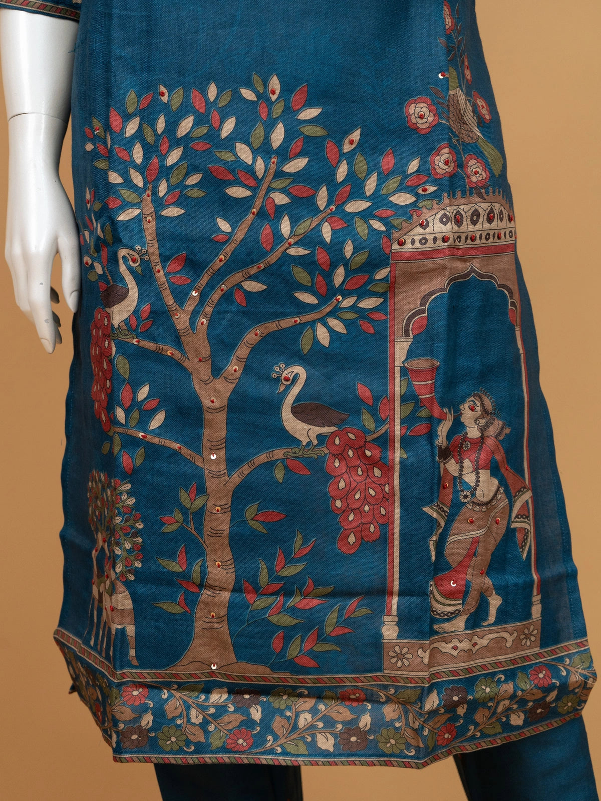 Teal Blue Kalamkari printed cotton straight cut kurti set with pants and dupatta