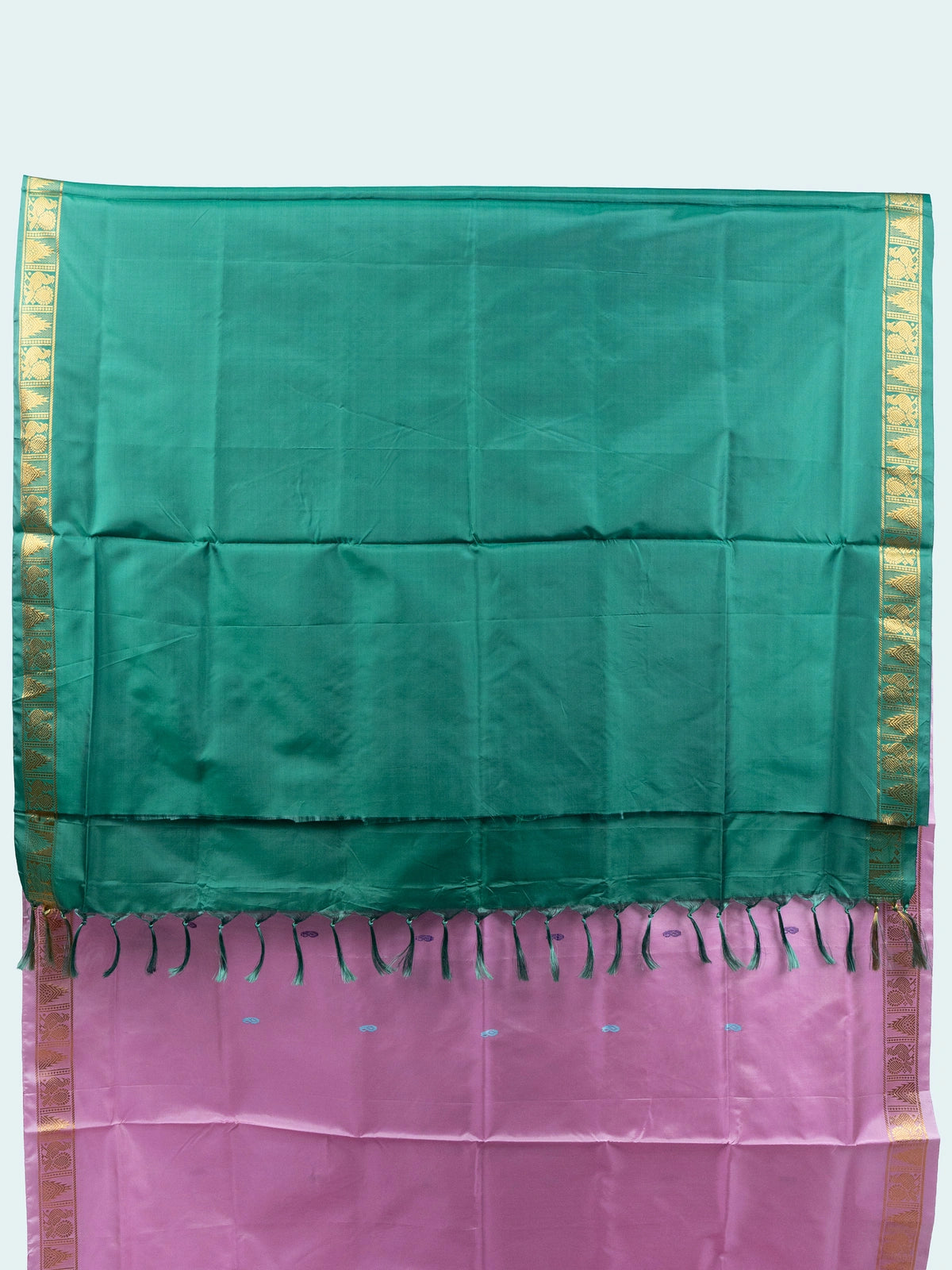Pink and green Banana Silk saree with gold zari border, contrast pallu and black embroidered blouse