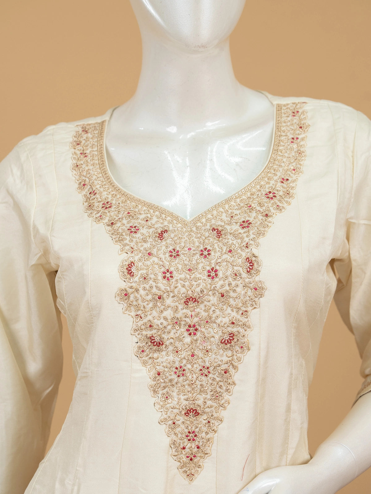 Cream zari embroidered anarkali kurti set with maroon bandhani dupatta and cream straight pants