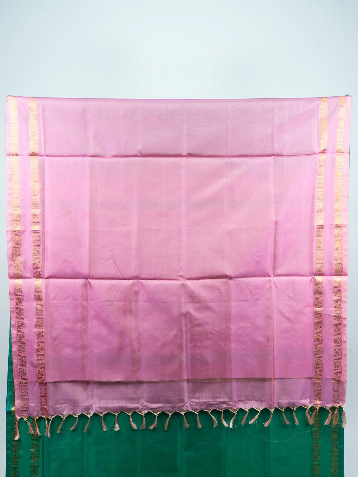 Green Banana Silk saree with contrast pink pallu and gold zari border