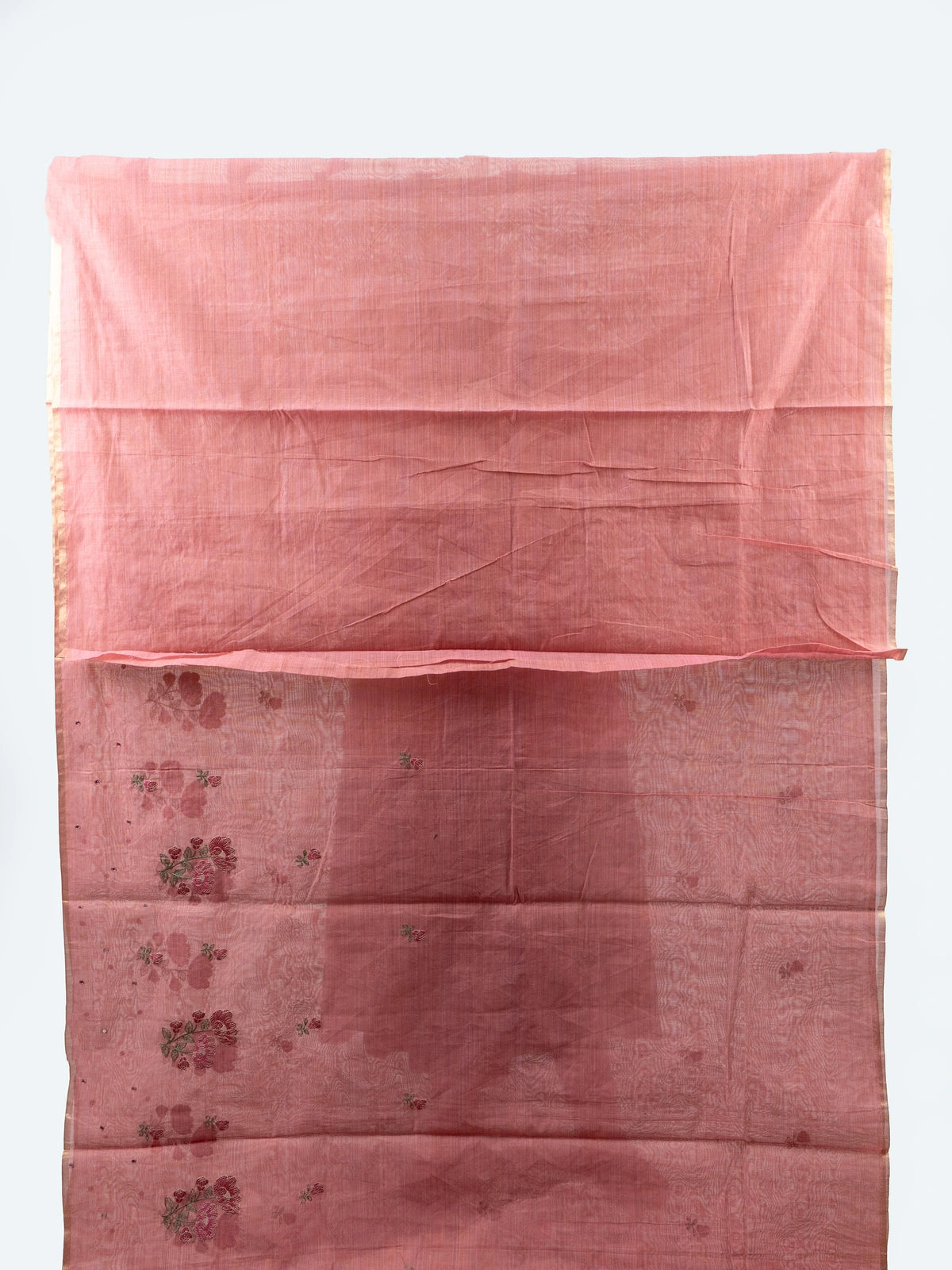 Dusty rose pink linen cotton saree with floral embroidery, sequin work, gold border and tasselled pallu
