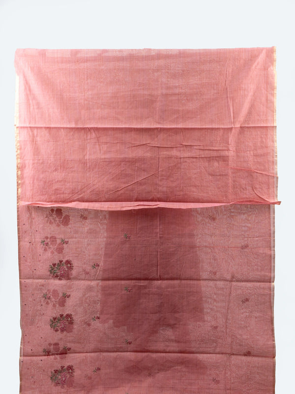 Dusty rose pink linen cotton saree with floral embroidery, sequin work, gold border and tasselled pallu