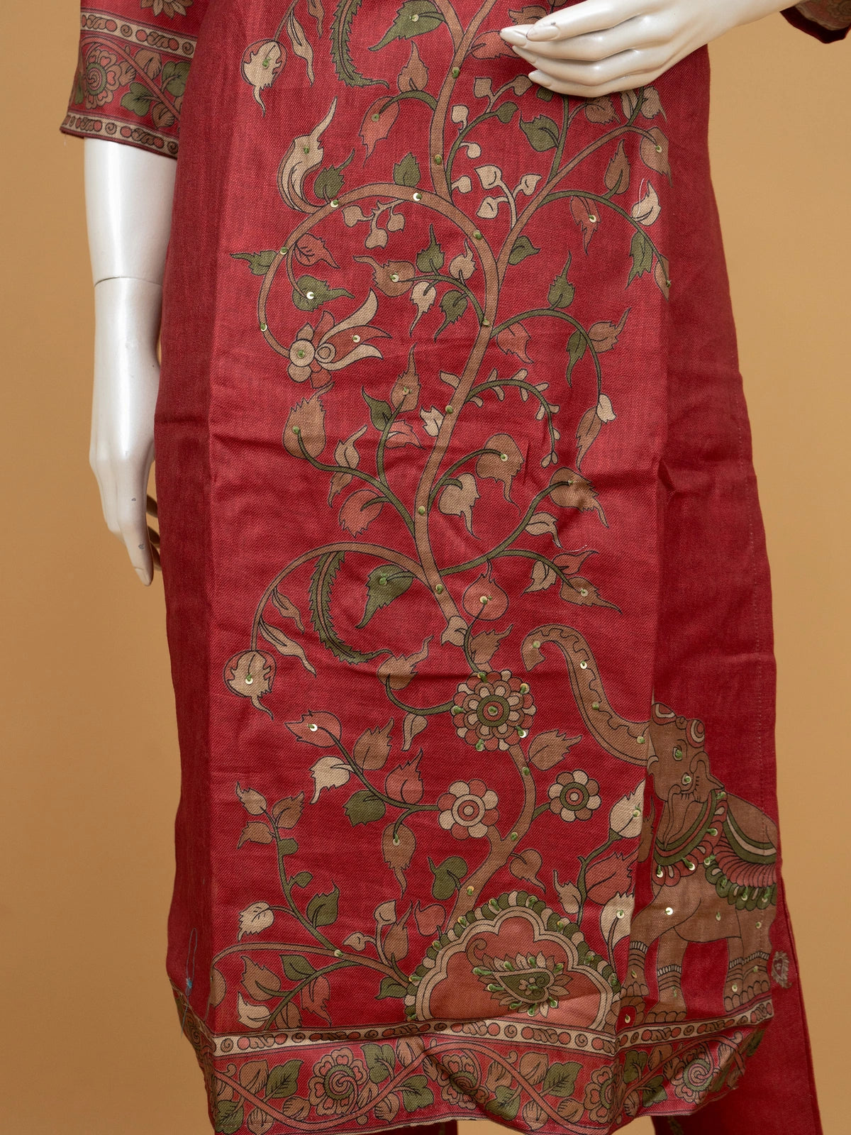 Maroon Kalamkari print art silk straight cut kurti set with contrast printed dupatta and matching pants