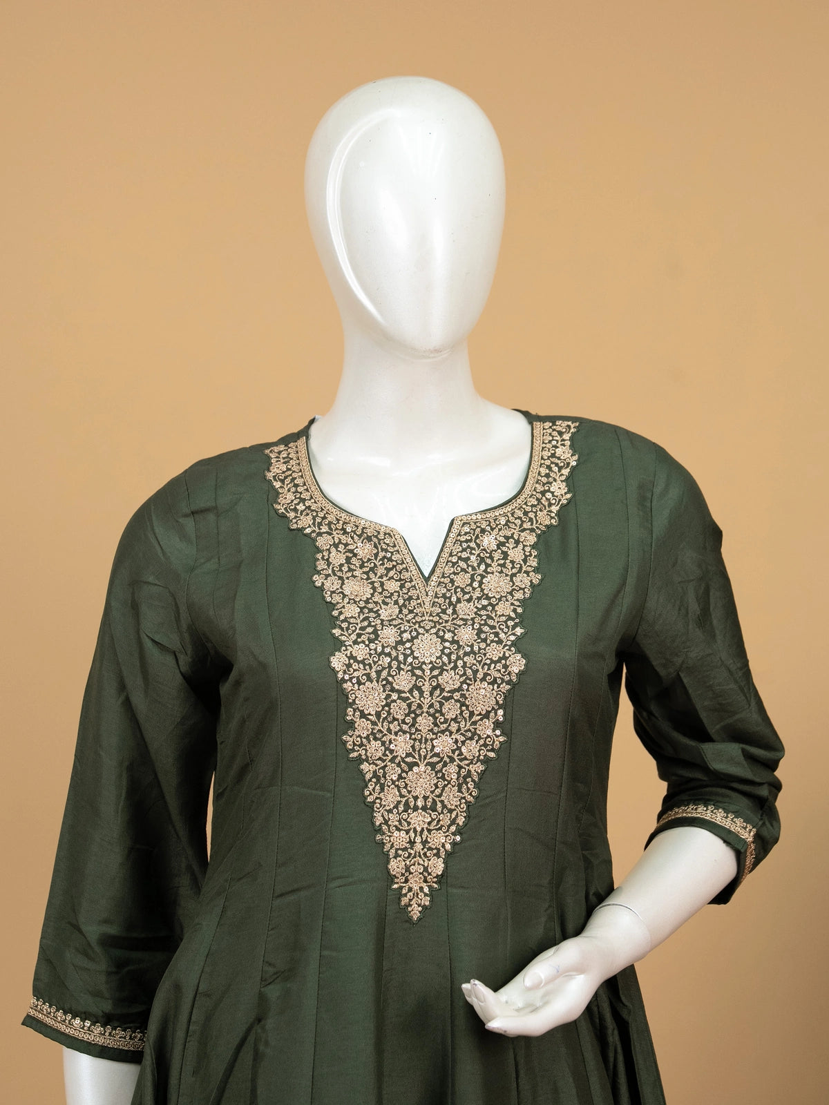 Bottle Green silk blend zari embroidered Anarkali kurti set with gold neckline and green gold dupatta