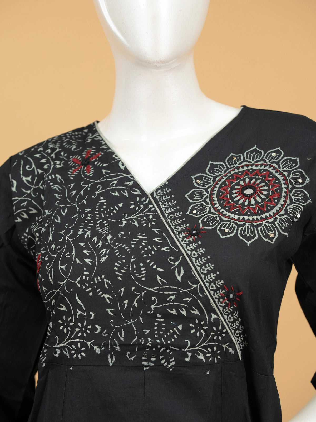 Black cotton block print mandala Anarkali kurti set with sage green dupatta